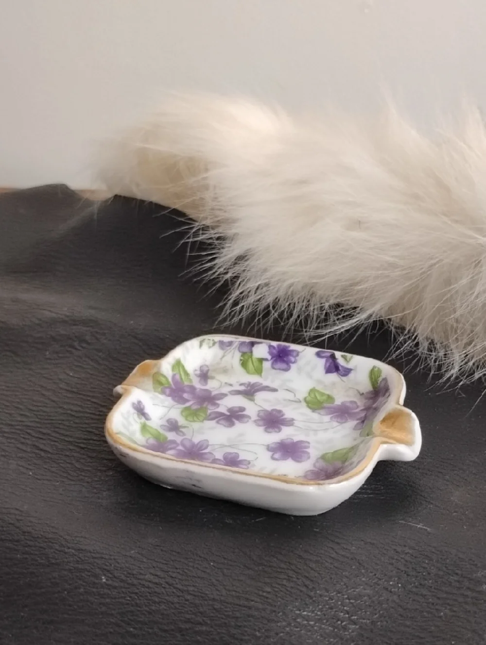 Vintage Porcelain Trinket Tray with Purple Floral and Gold Trim - Picture 2 of 5